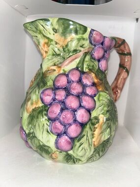 World Bazaar Vintage Grape & Vine Pitcher Ceramic Majolica Style